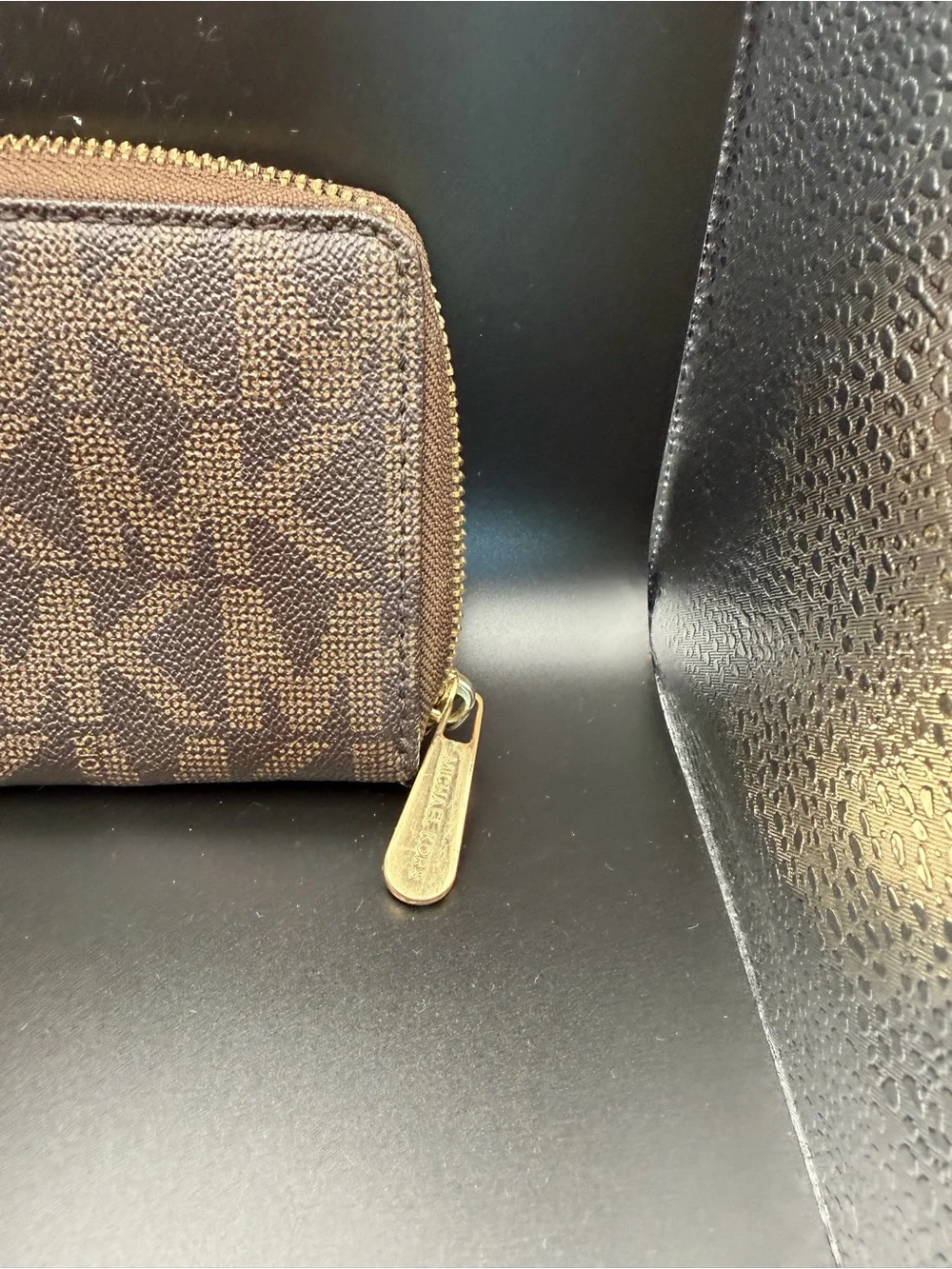 Michael Kors Brown MK Logo Zip Wallet with Gold Plate